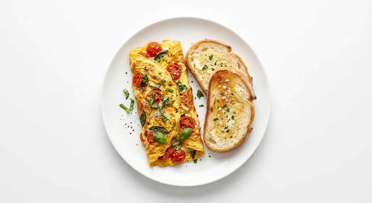 Breakfast with White Bread and Tomato Basil Omelette