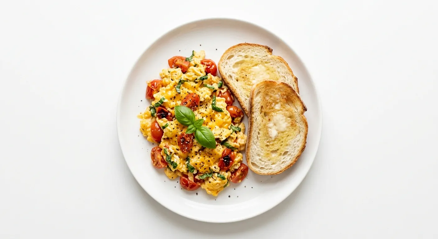 Breakfast with White Bread and Tomato Basil Scramble