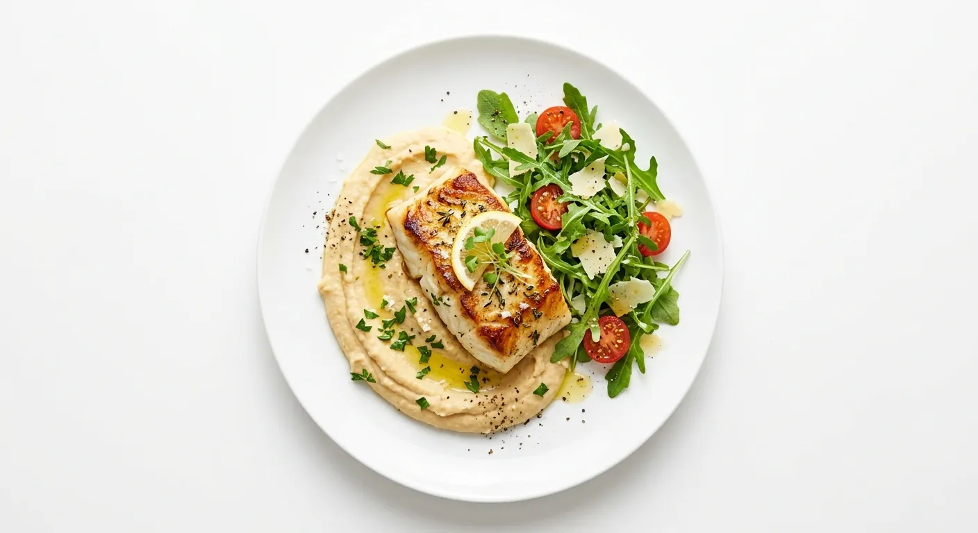 Cabillaud poêlé avec purée de pois chiches et salade de roquette