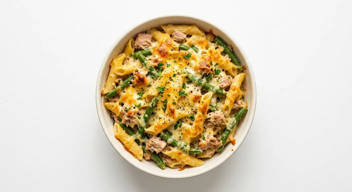 Cheesy Tuna Pasta Bake with Green Beans