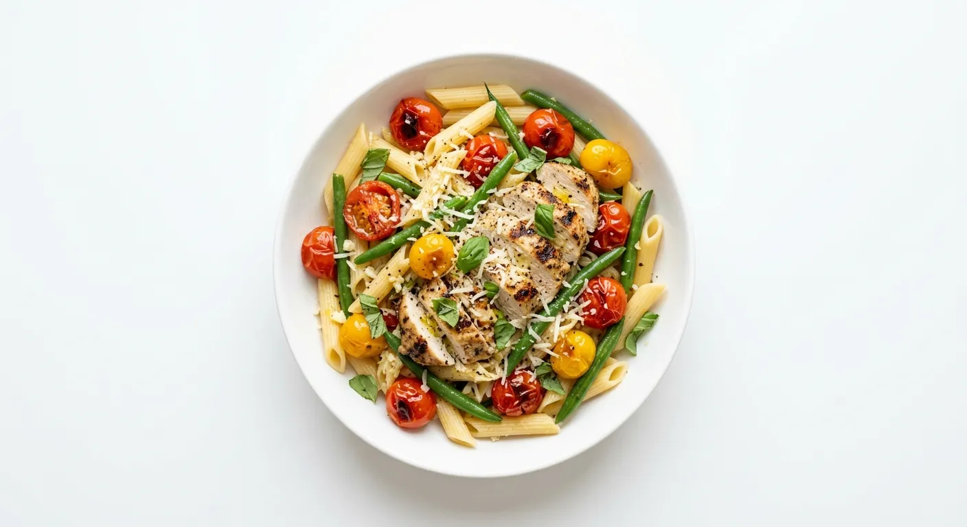 Cherry Tomato and Green Bean Pasta with Grilled Chicken