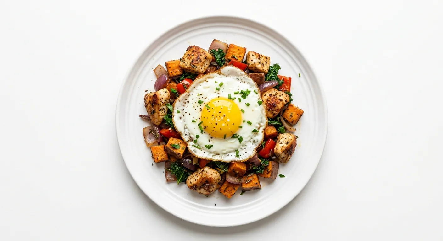 Chicken and Sweet Potato Hash with a Fried Egg