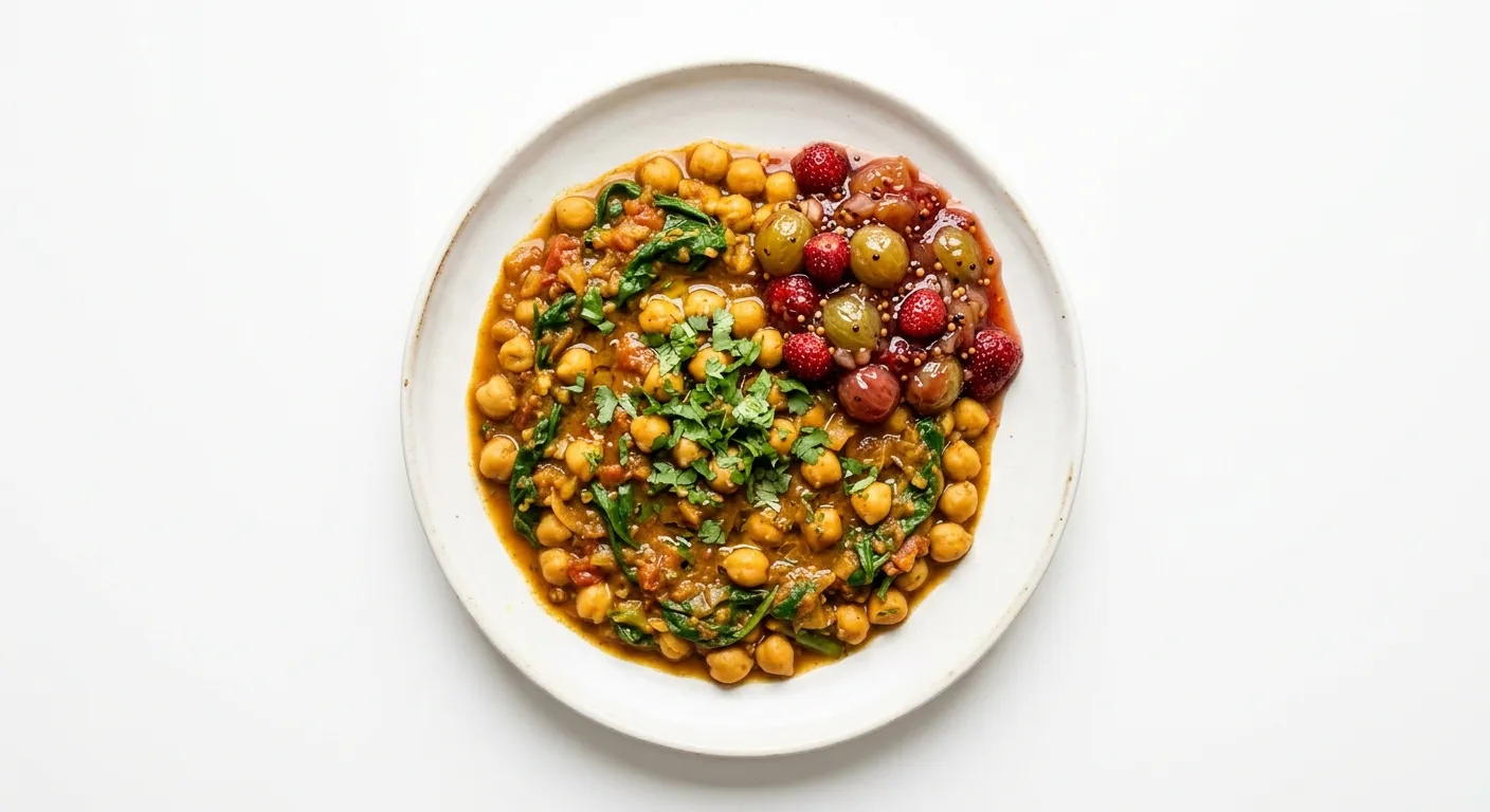 Chickpea and Spinach Curry with Wild Strawberry and Gooseberry Chutney