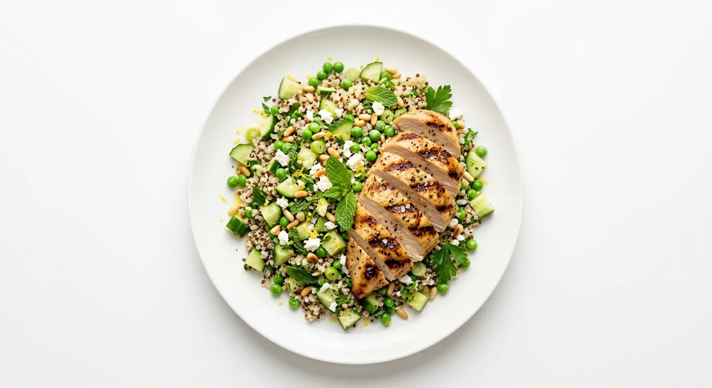 Cucumber and Pea Quinoa Salad with Grilled Chicken