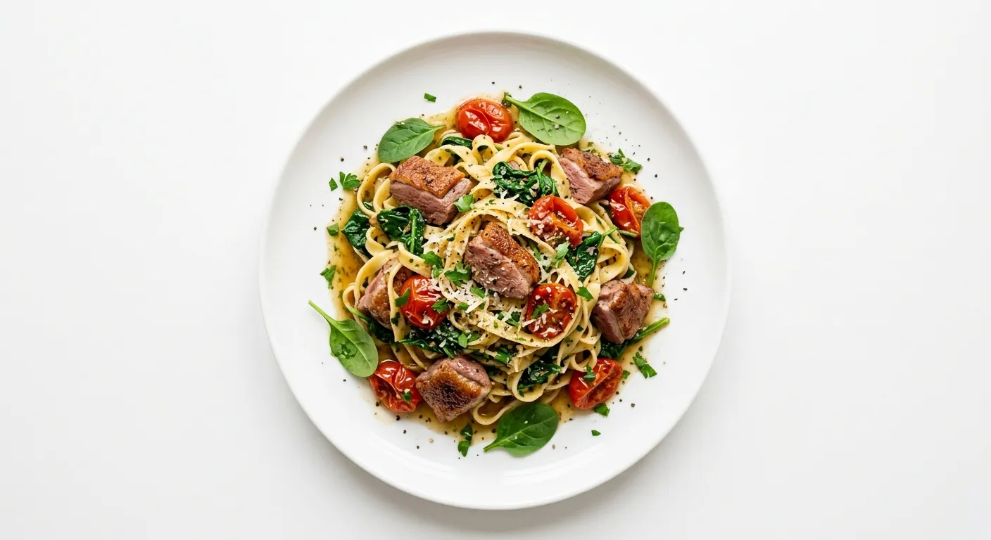 Duck and Spinach Pasta with Cherry Tomatoes