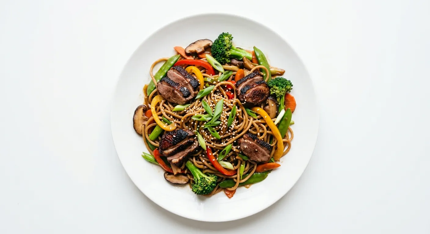 Duck and Vegetable Stir-Fry with Whole Wheat Noodles