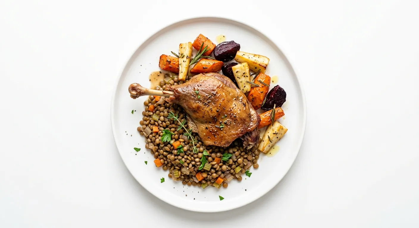 Autumn Duck Confit with Lentils and Roasted Root Vegetables
