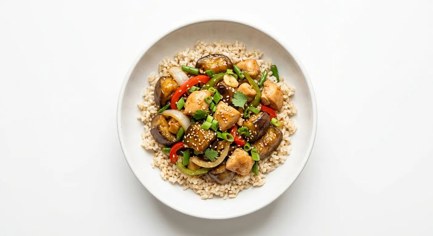 Eggplant and Chicken Stir-Fry with Brown Rice