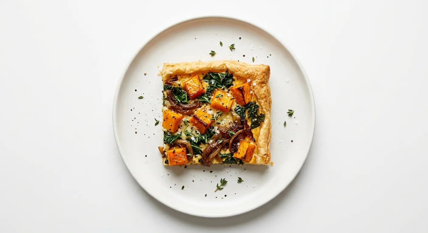 Fine Dining Roasted Butternut Squash and Kale Tart with Caramelized Onions