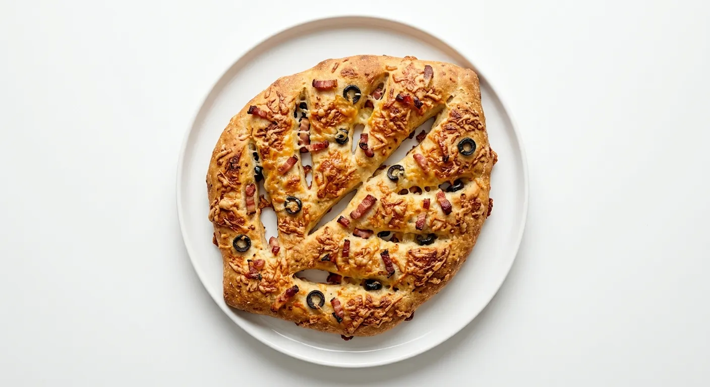 Fougasse with cheese, lardons and olives