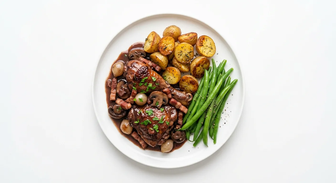 French Coq au Vin with Roasted Potatoes and Steamed Green Beans