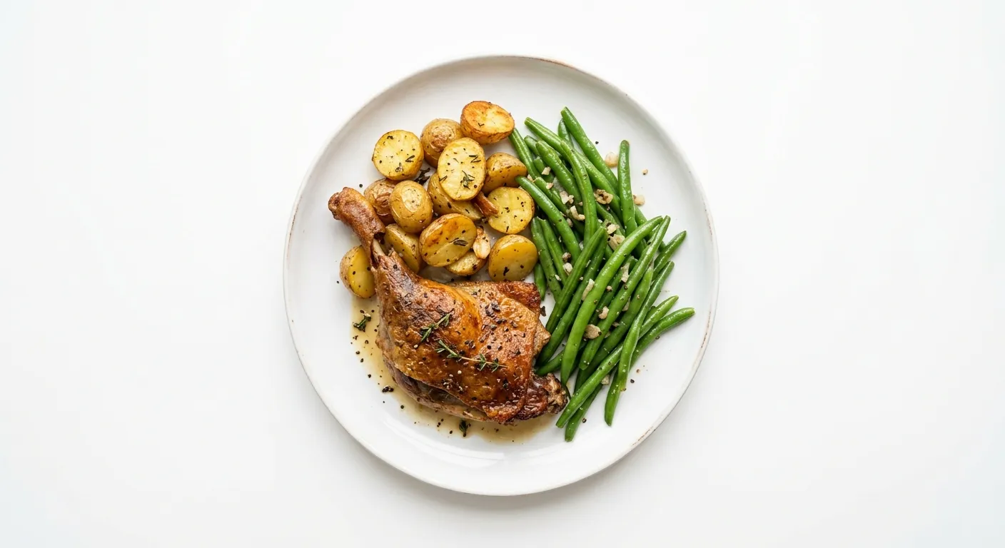 French Duck Confit with Roasted Potatoes and Green Beans