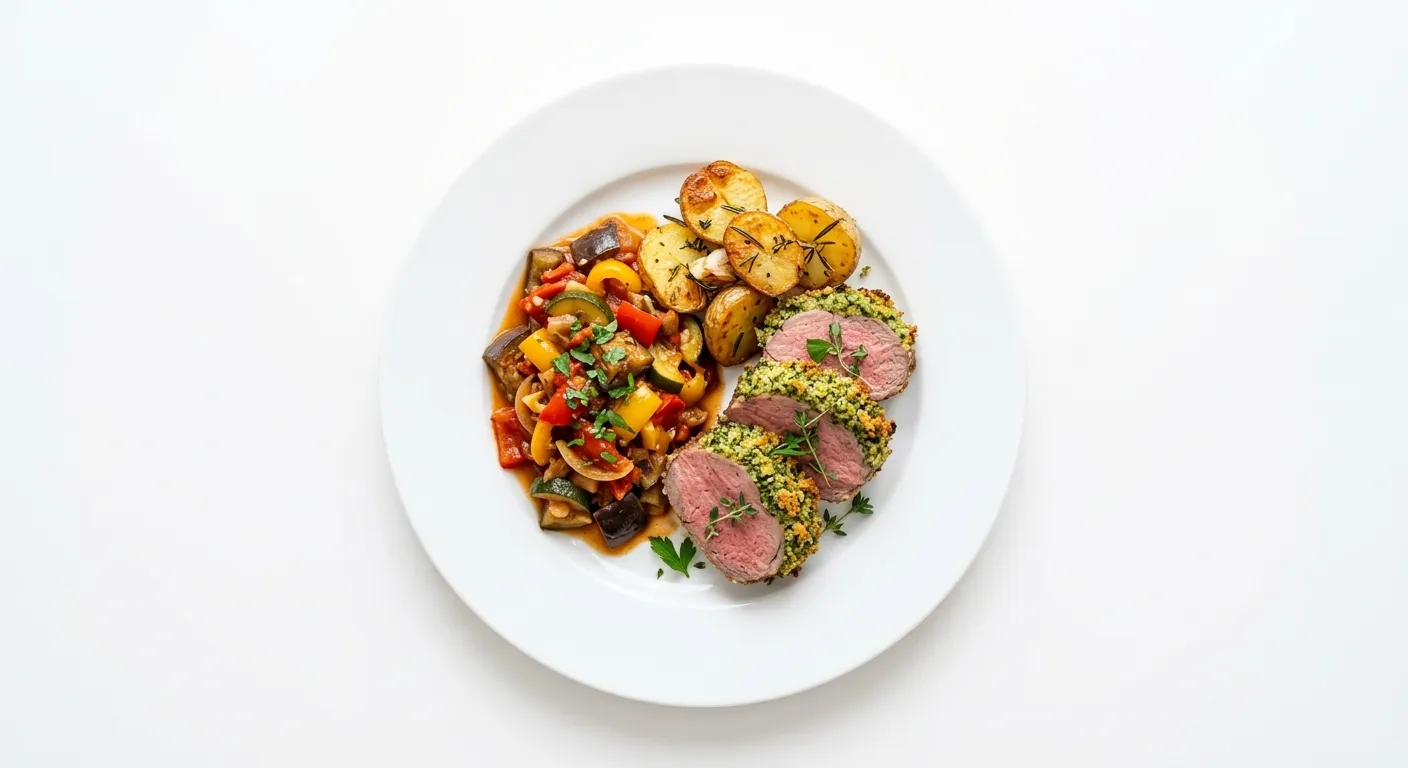 French Herb-Crusted Lamb with Roasted Potatoes and Ratatouille