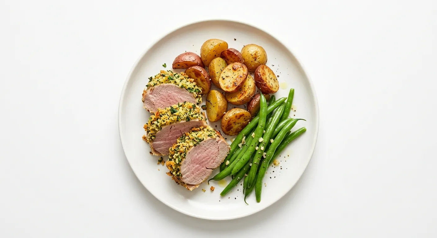 French Herb-Crusted Pork with Roasted Potatoes and Green Beans