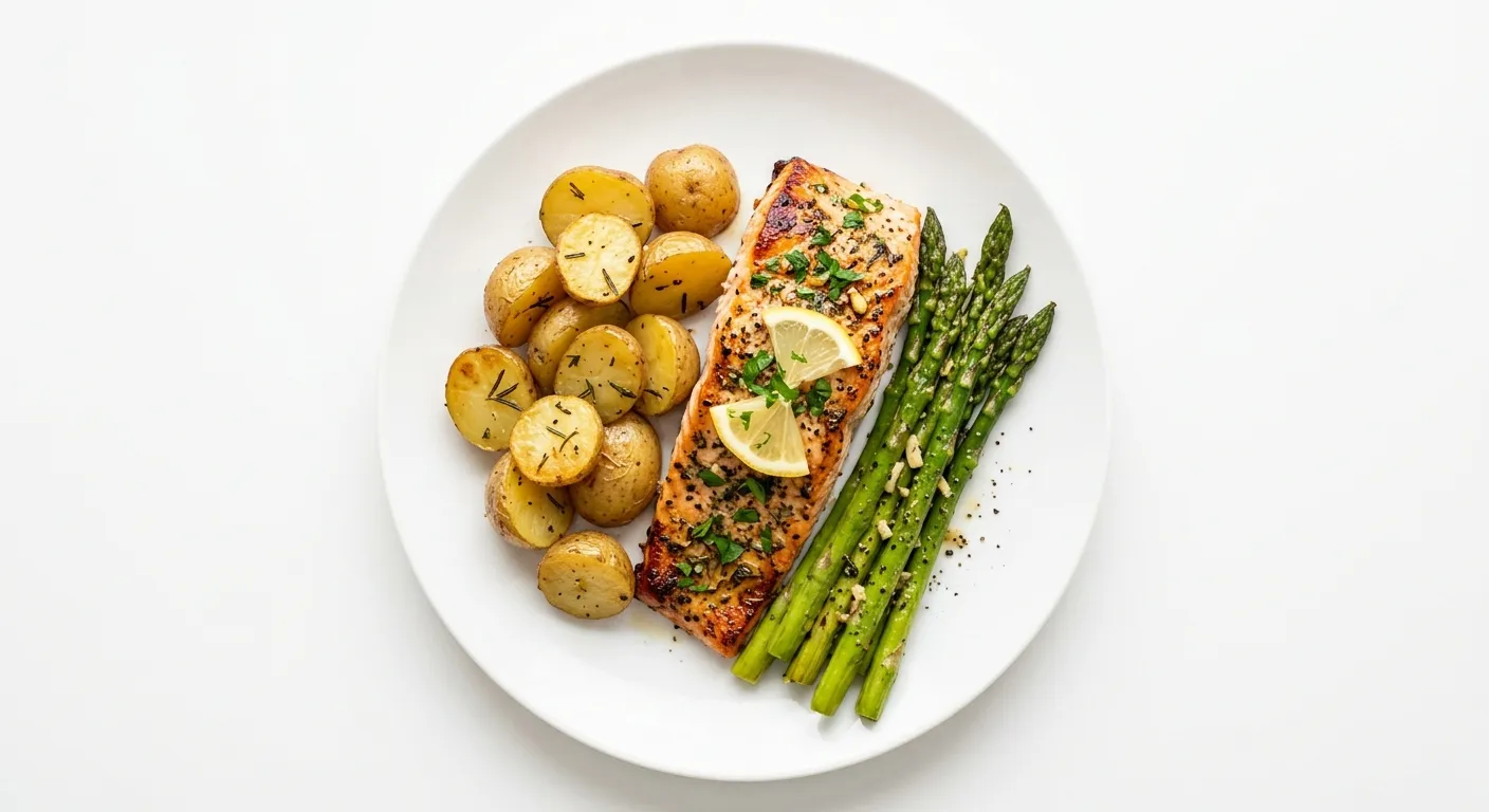 Garlic Herb Roasted Salmon with Asparagus and New Potatoes