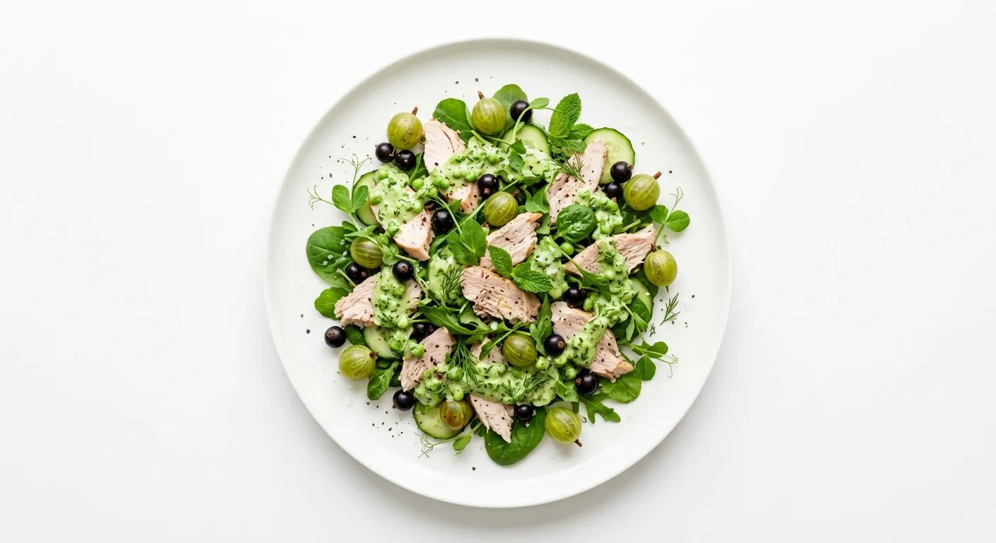 Gooseberry and Blackcurrant Turkey Salad with Pea and Cucumber Dressing