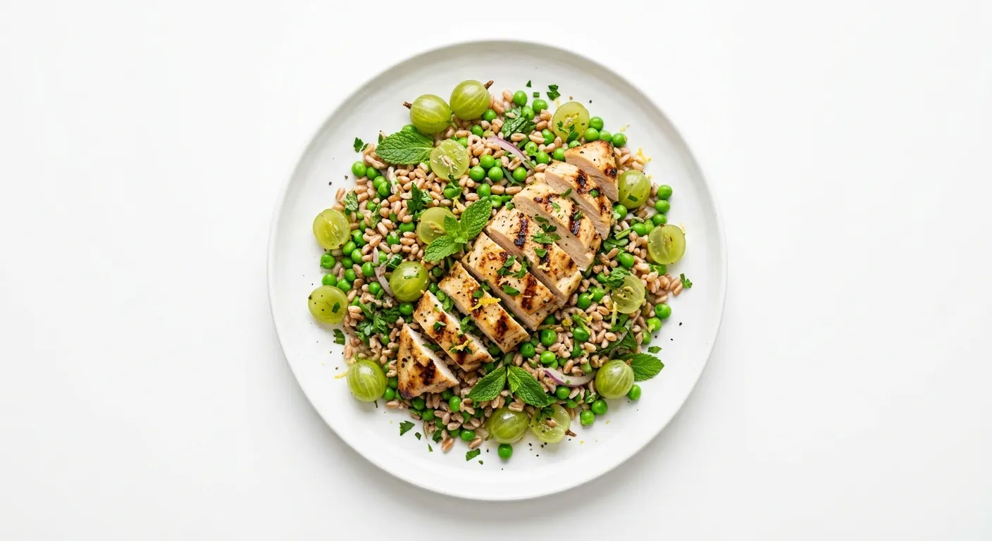 Gooseberry and Pea Farro Salad with Grilled Chicken