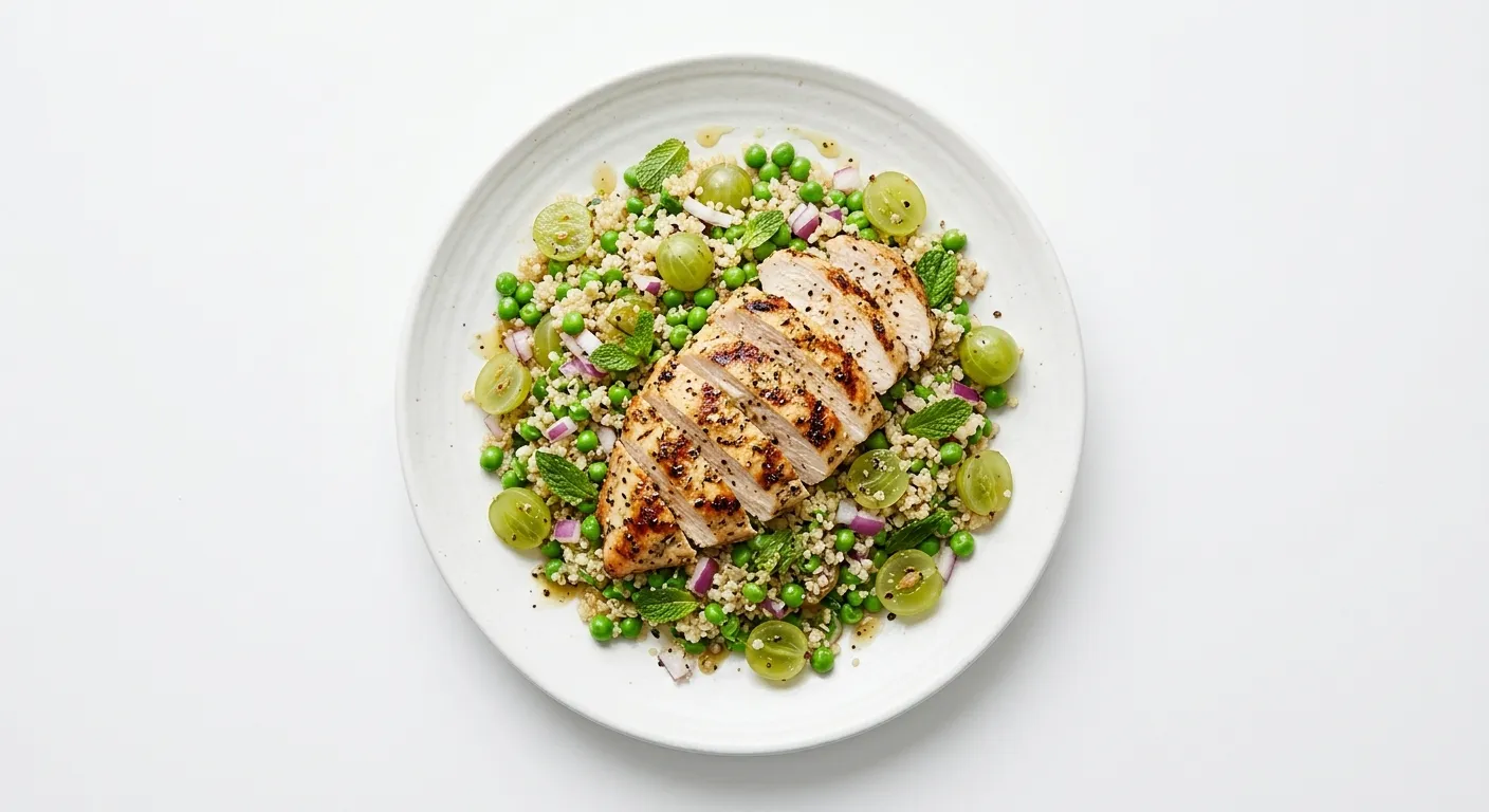 Gooseberry and Pea Quinoa Salad with Grilled Chicken