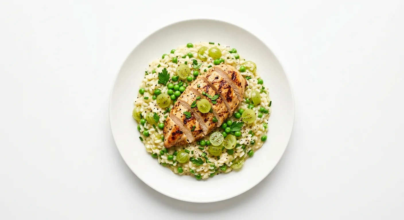 Gooseberry and Pea Risotto with Grilled Chicken