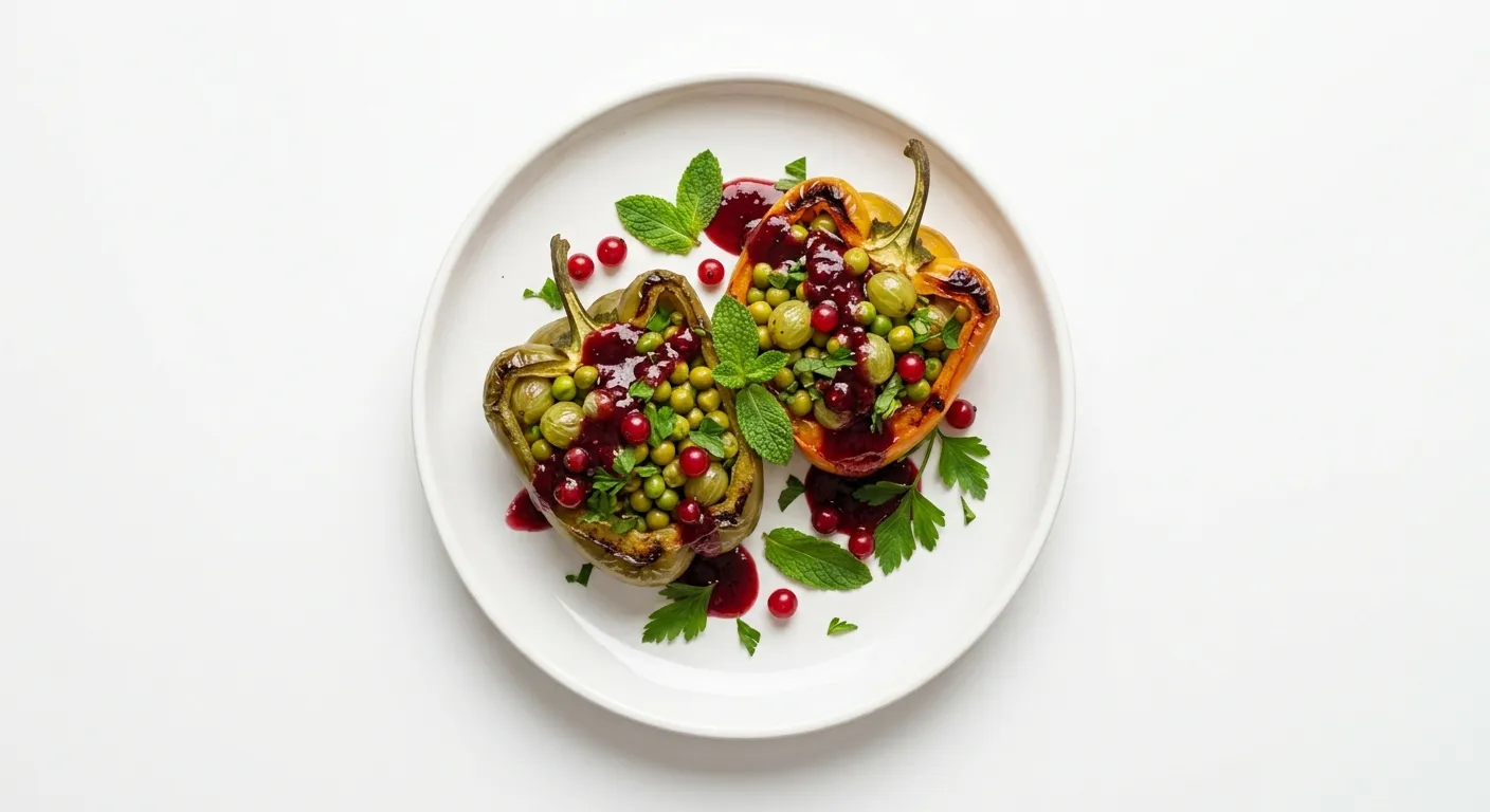 Gooseberry and Pea Stuffed Bell Peppers with Currant Glaze