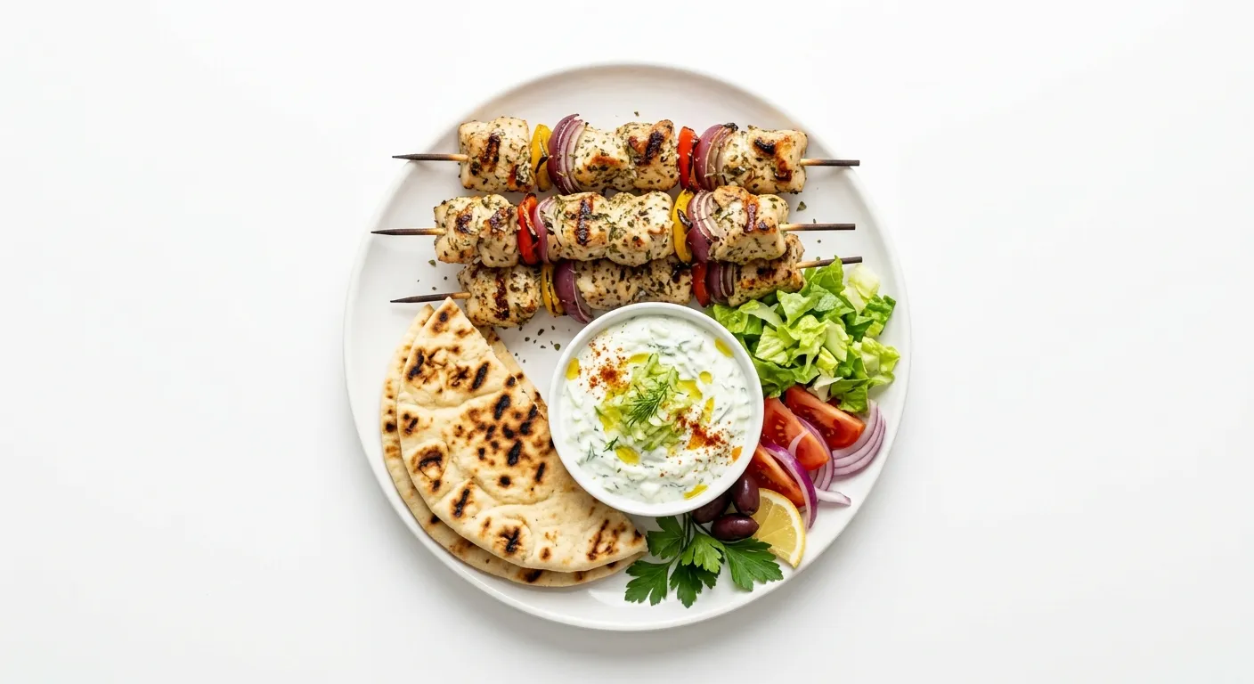 Greek Chicken Souvlaki with Tzatziki and Pita