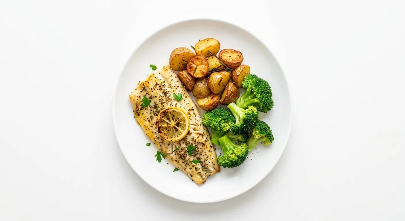 Greek Lemon Herb Baked Fish with Roasted Potatoes and Steamed Broccoli