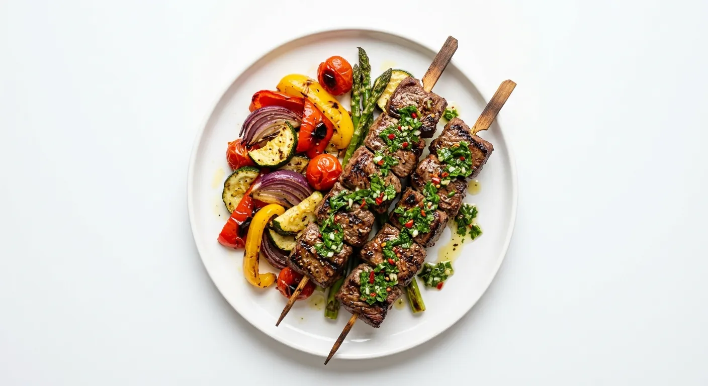 Grilled Beef Skewers with Chimichurri and Roasted Vegetables