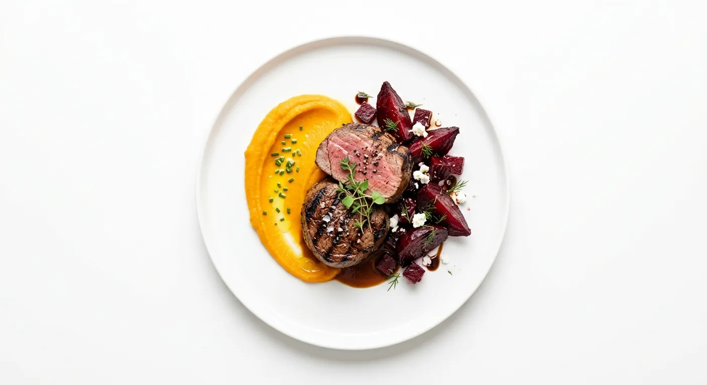 Grilled Beef Tenderloin with Roasted Beetroot and Carrot Puree