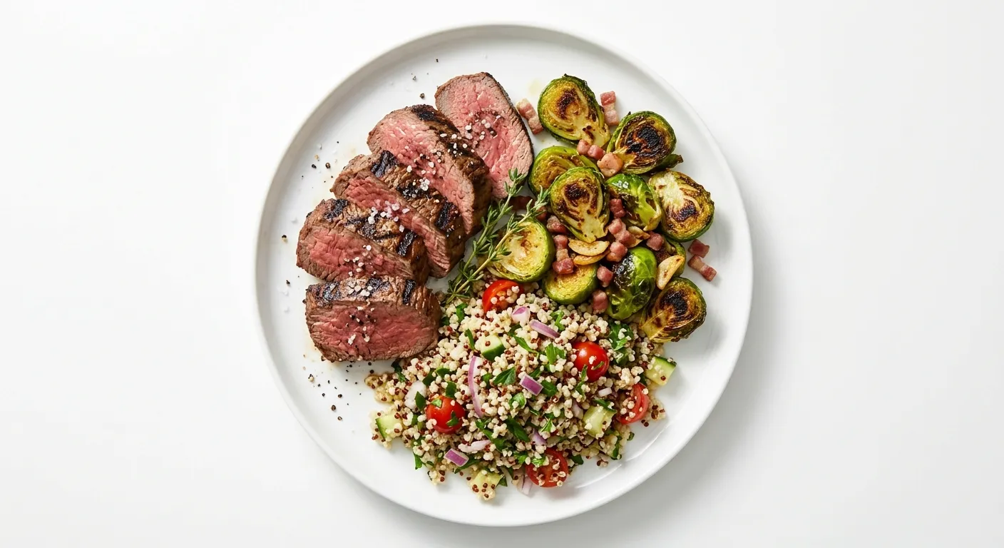 Grilled Beef Tenderloin with Roasted Brussels Sprouts and Quinoa