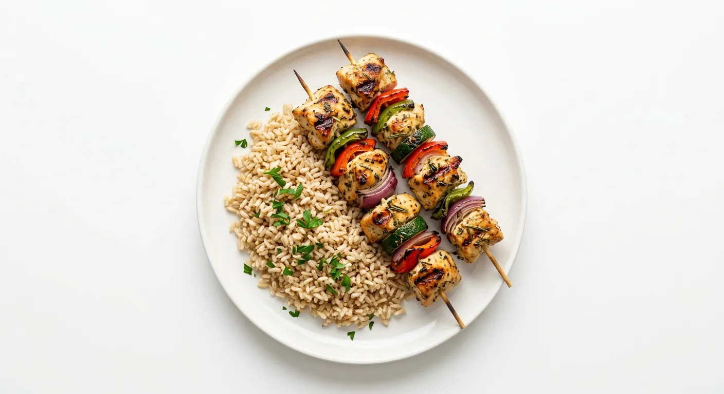 Grilled Chicken and Vegetable Skewers with Brown Rice