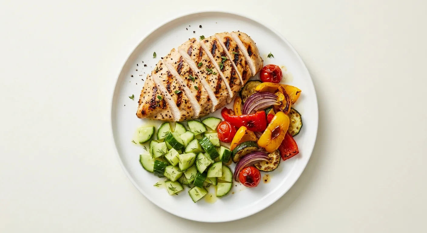 Grilled Chicken with Cucumber and Roasted Vegetable Medley