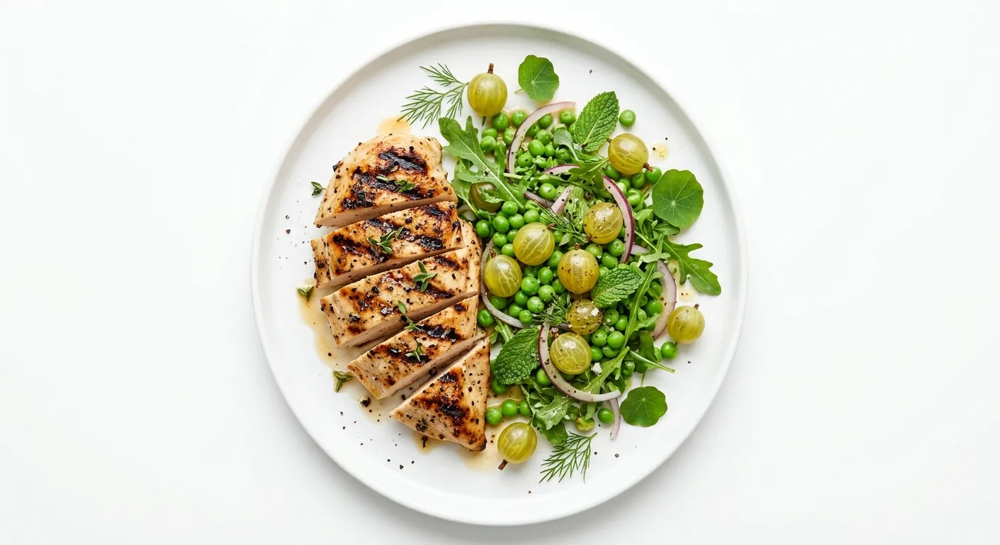 Grilled Chicken with Gooseberry and Pea Salad