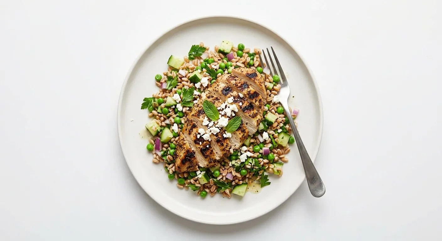 Grilled Chicken with Pea and Cucumber Farro Salad