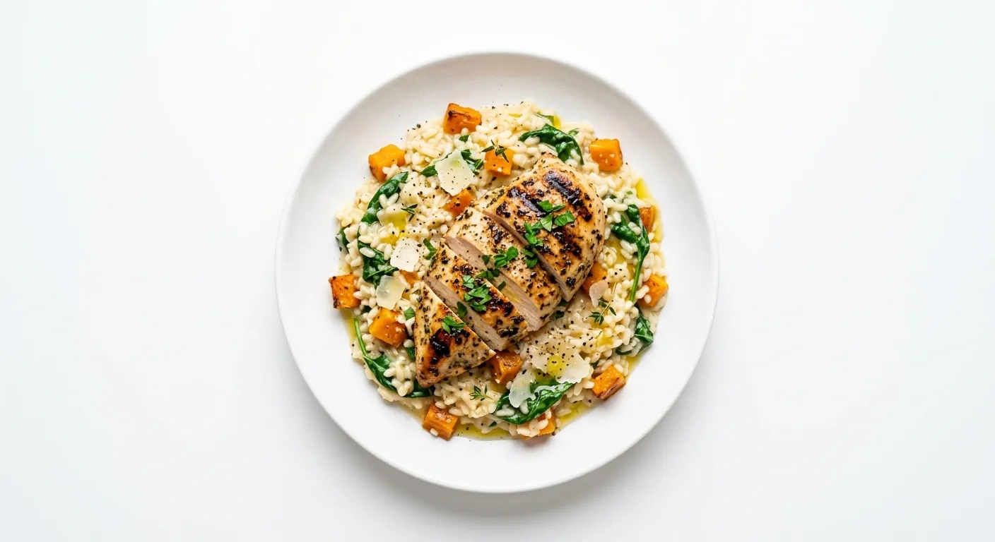 Grilled Chicken with Pumpkin and Spinach Risotto