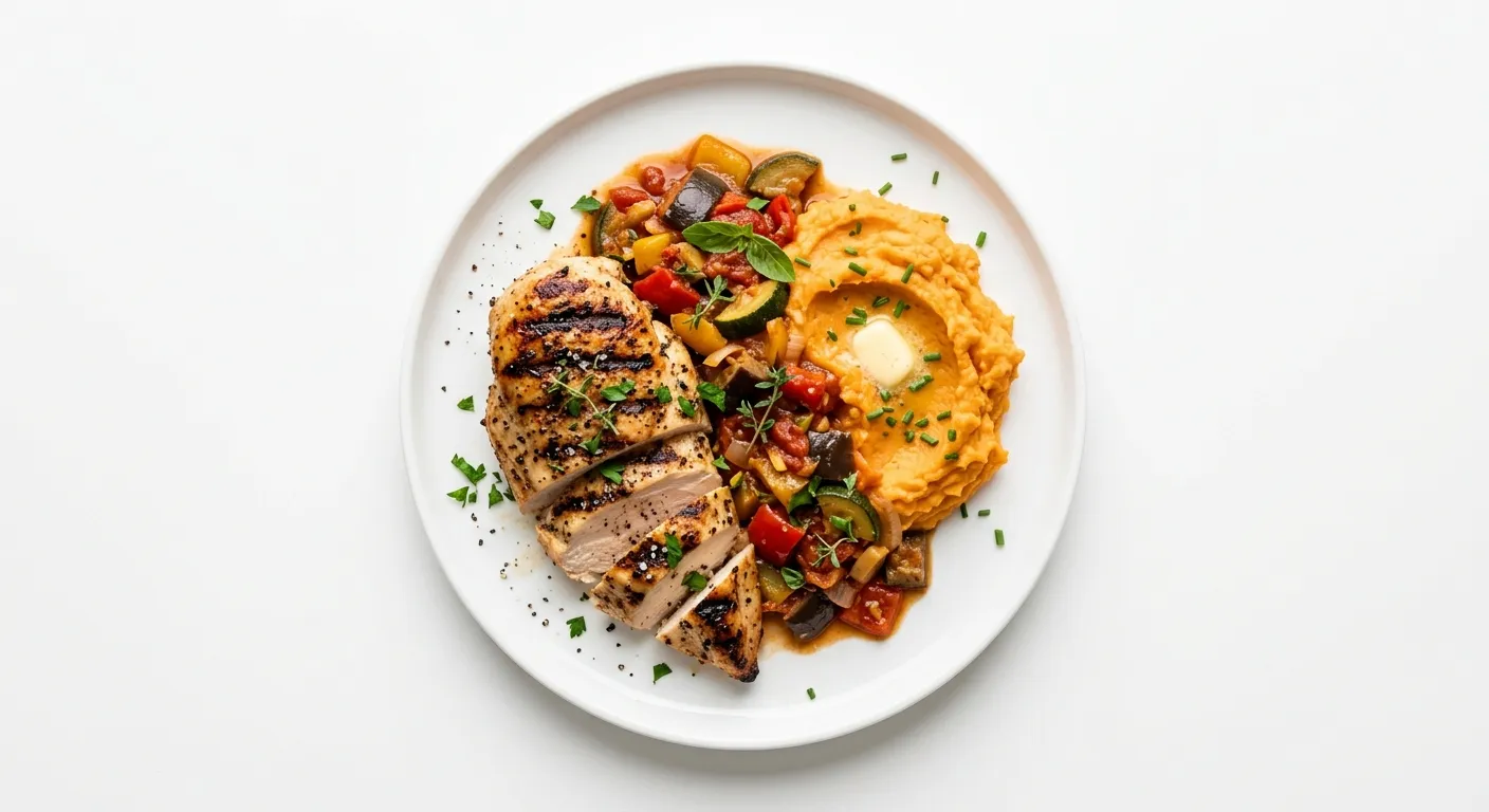 Grilled Chicken with Ratatouille and Sweet Potato Mash