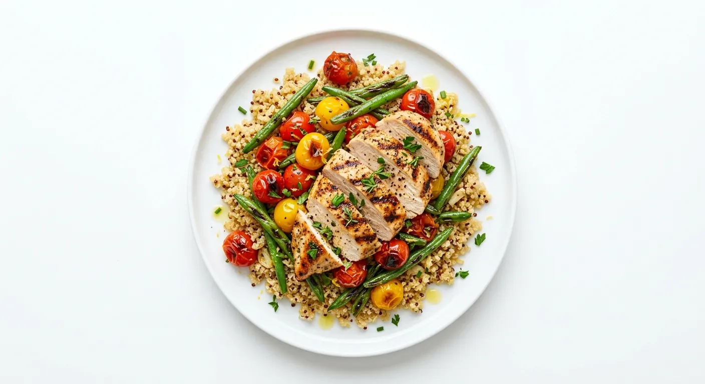 Grilled Chicken with Roasted Cherry Tomato and Green Bean Quinoa