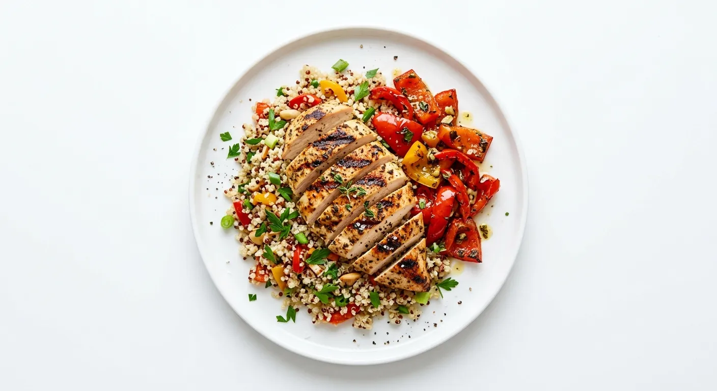 Spicy Grilled Chicken with Roasted Pepper and Quinoa Pilaf