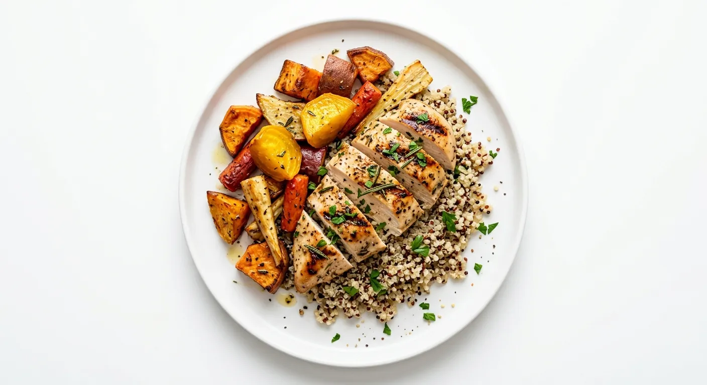Grilled Chicken with Roasted Root Vegetables and Quinoa