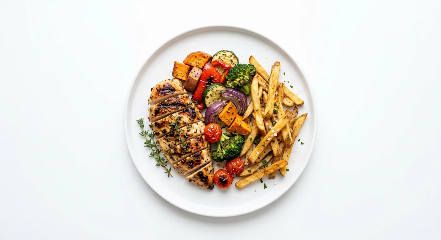 Grilled Chicken with Roasted Vegetables and French Fries