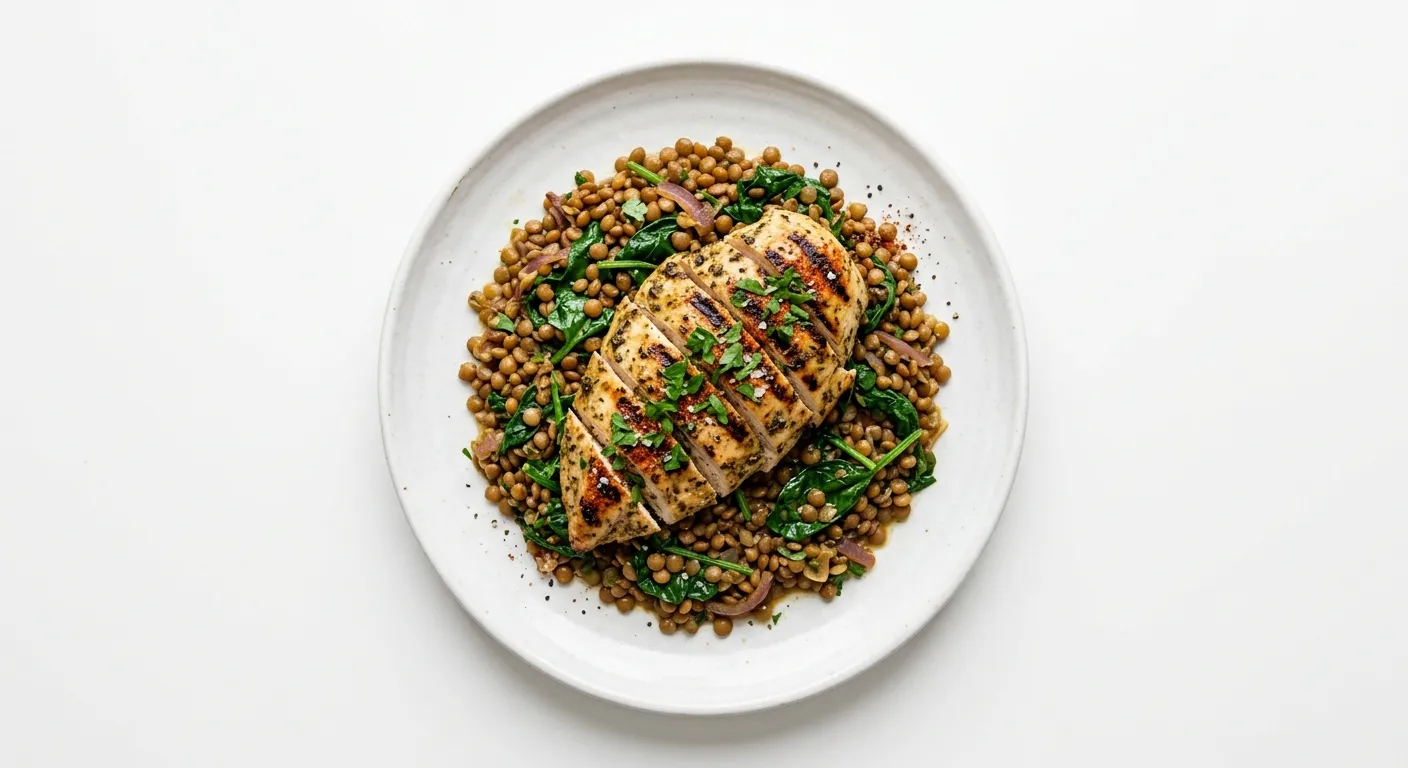 Grilled Chicken with Spiced Lentils and Spinach