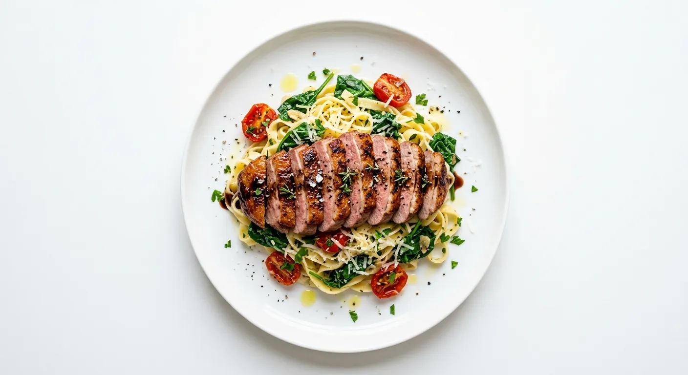 Grilled Duck Breast with Pasta and Spinach