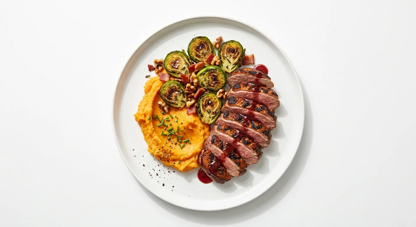 Grilled Duck Breast with Roasted Brussels Sprouts and Sweet Potato Mash