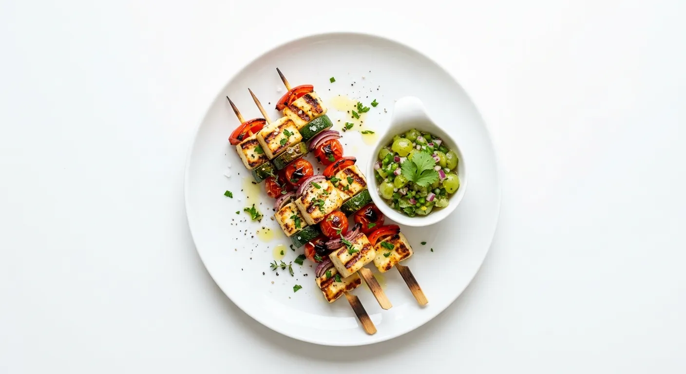 Grilled Halloumi and Vegetable Skewers with Gooseberry Salsa