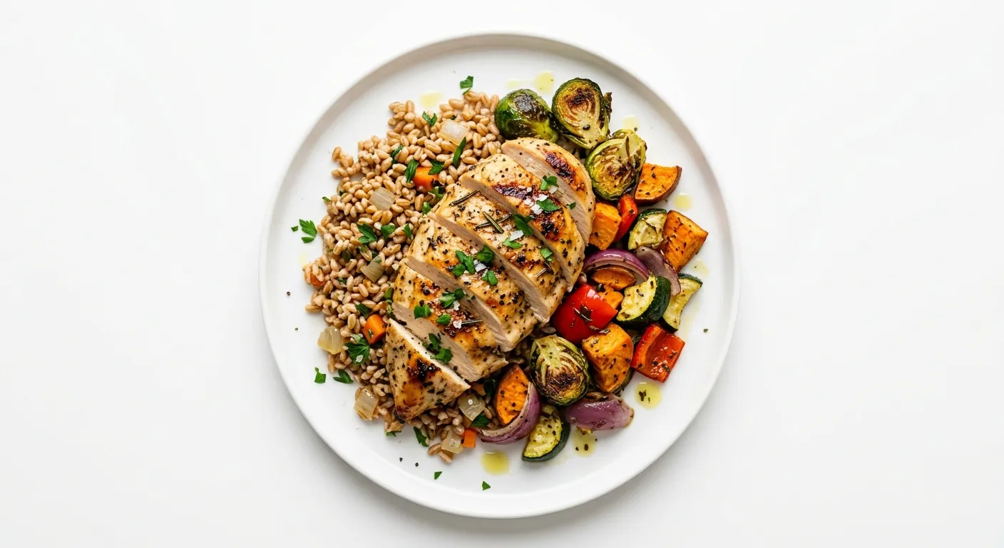 Grilled Herb-Marinated Chicken with Farro and Roasted Vegetables