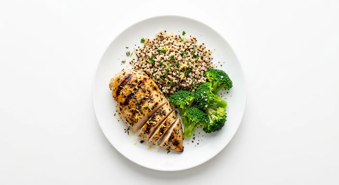Grilled Lemon Herb Chicken with Quinoa and Steamed Broccoli