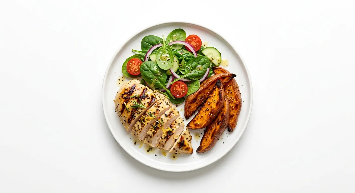 Grilled Lemon Herb Chicken with Sweet Potato and Spinach Salad