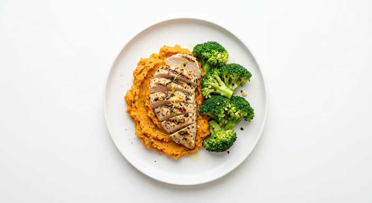 Grilled Lemon Herb Chicken with Sweet Potato Mash and Steamed Broccoli