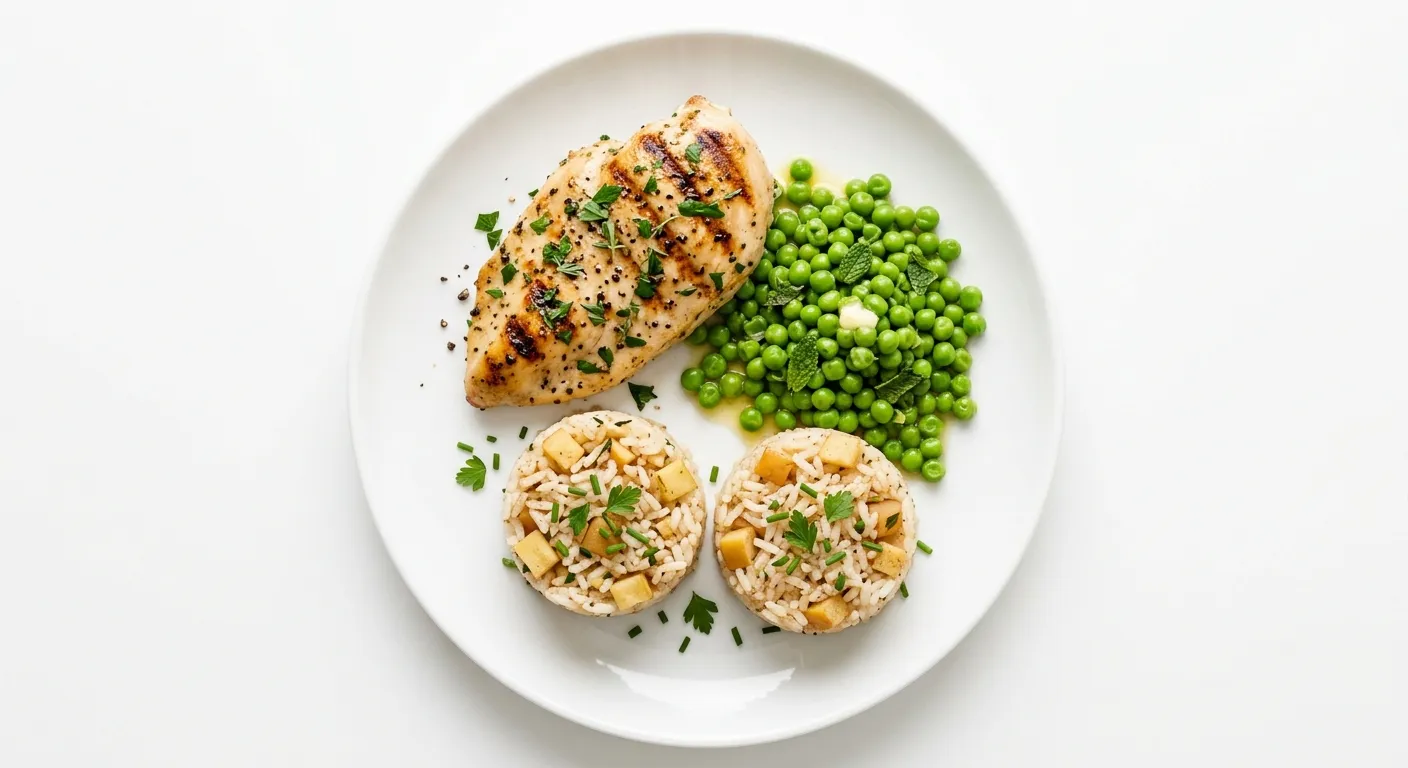 Grilled Lemon Herb Chicken with Tinned Peas and Apple Rice Cups