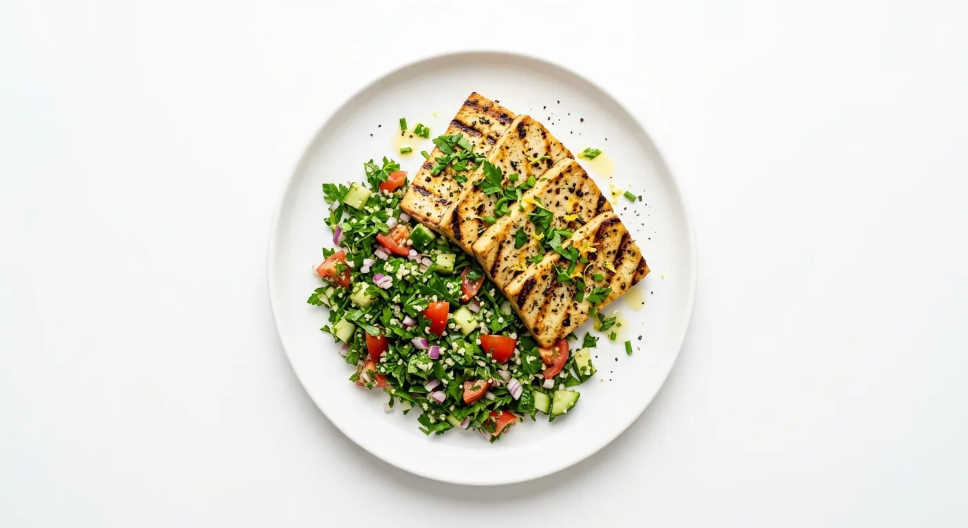 Grilled Lemon Herb Tofu with Quinoa-Free Tabbouleh