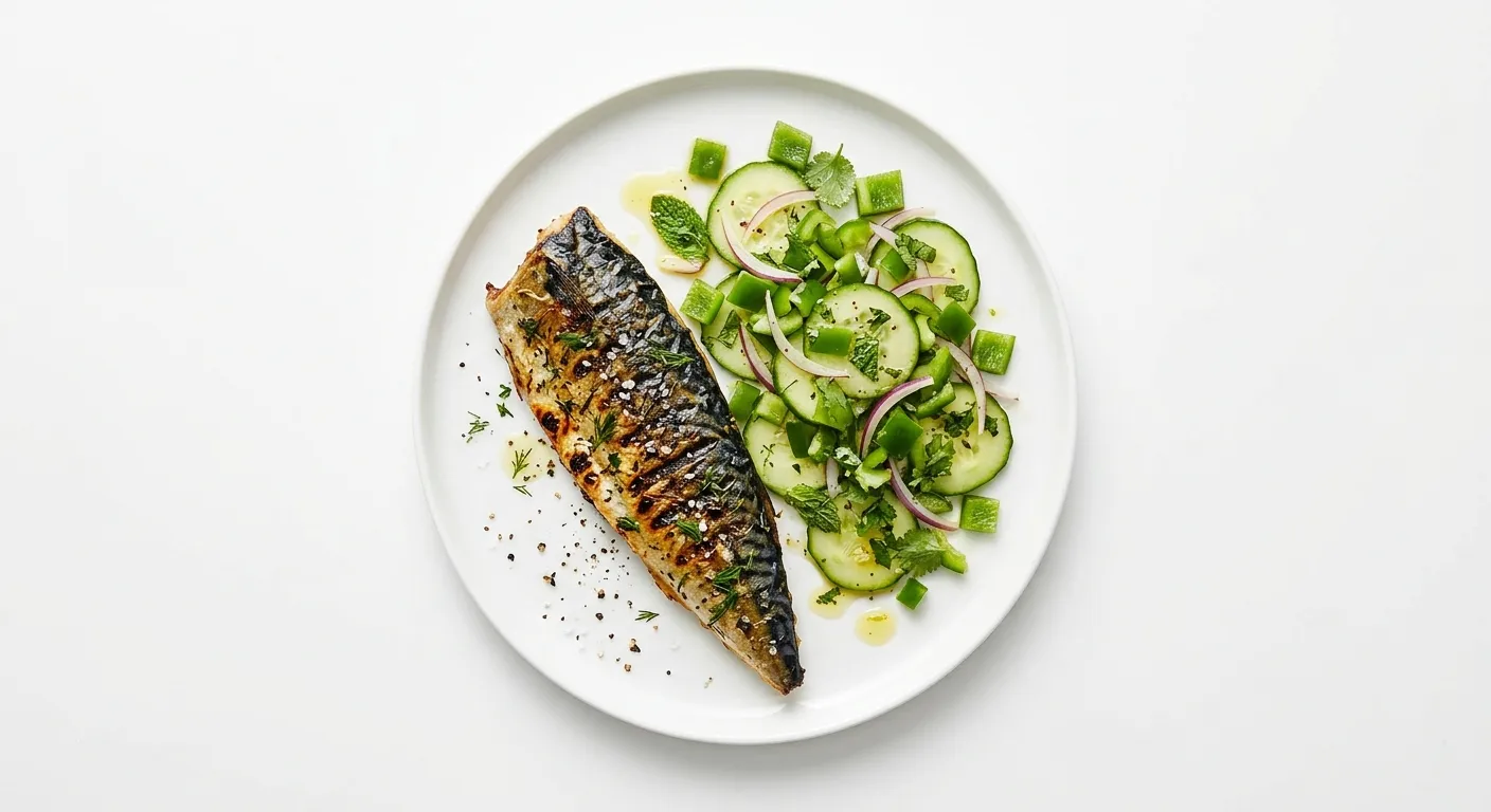 Grilled Mackerel with Cucumber and Green Bell Pepper Salad
